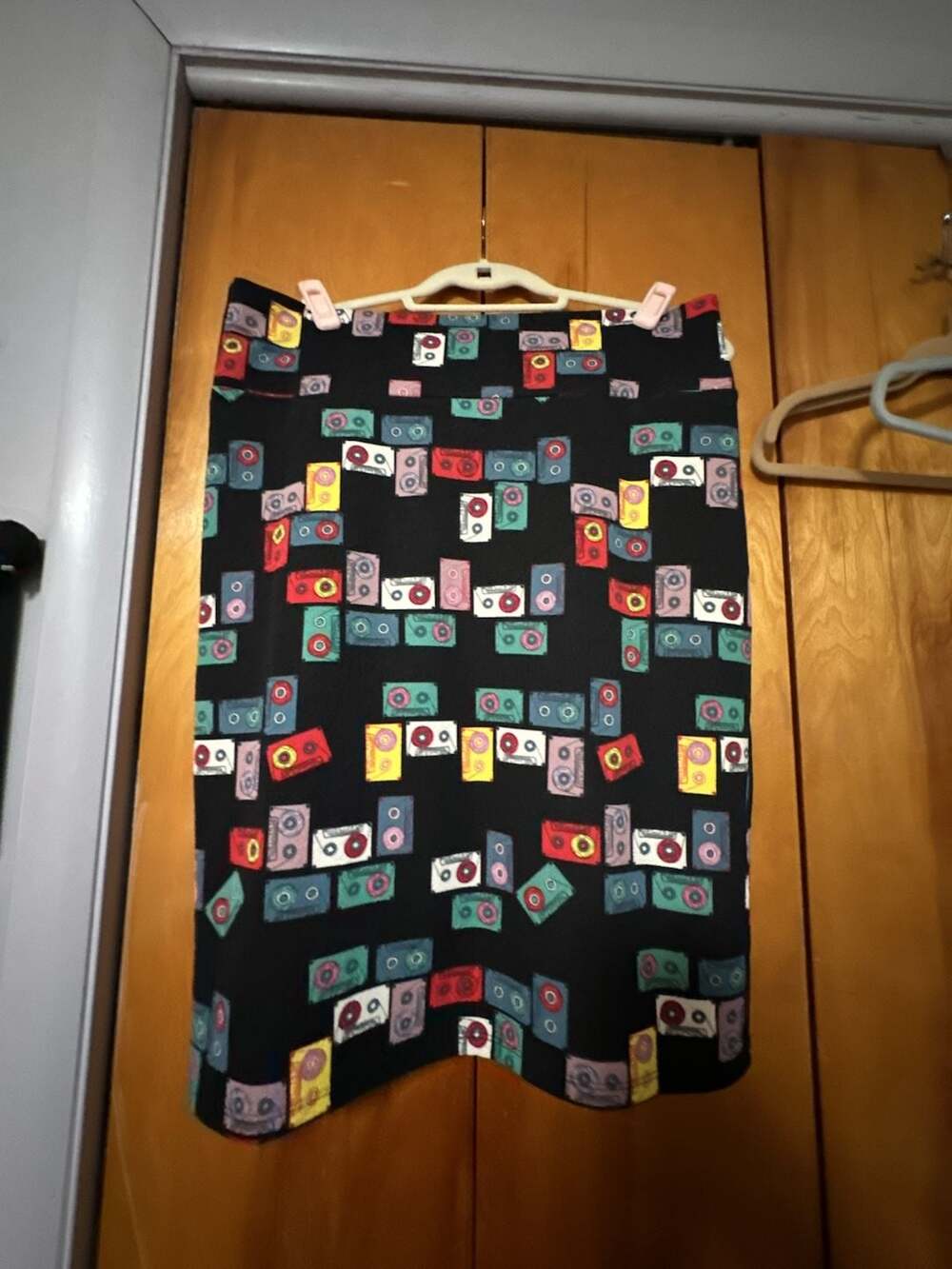 LuLaRoe Cassie Skirt Size XL Cassette Tape Print Black Pencil Midi